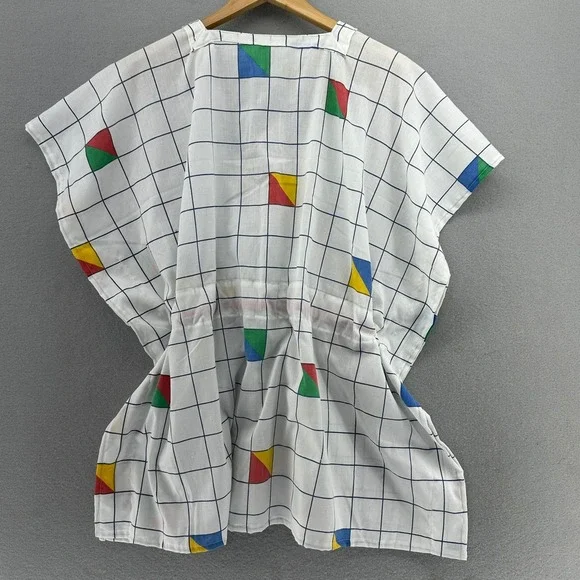 VTG Upcycled Kaftan Swimsuit Coverup 80s Style Geometric Print White SZ S-XL 90s - Picture 2 of 9